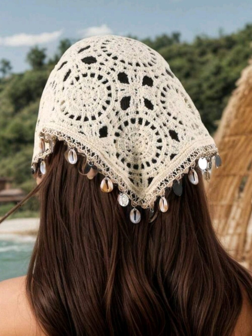 Crochet Cream Cowries Shell Silvertone Accents Boho Bandana Hair Scarf Beach